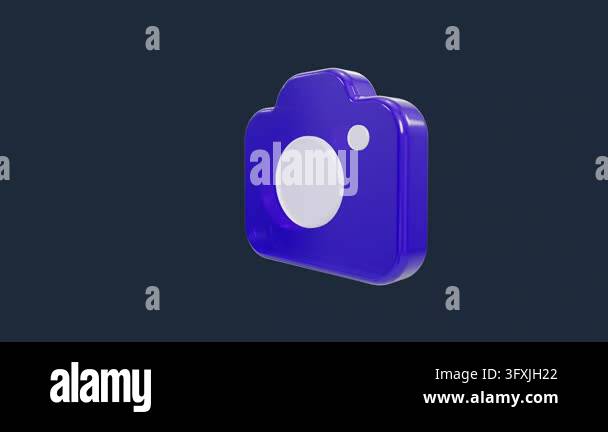 This is a glossy blue 3D camera icon rendered with a clean minimalist ...