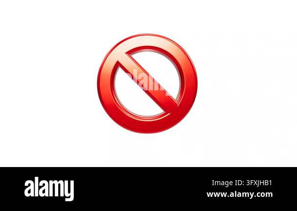 A glossy 3D rendered prohibited sign with a bold red metallic finish ...