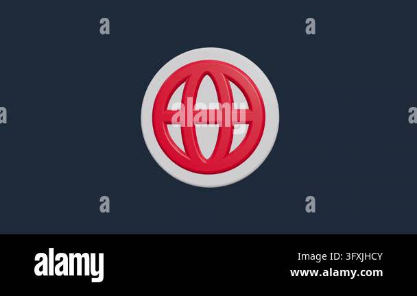 A 3D rendered red world symbol set against a dark blue background. This ...