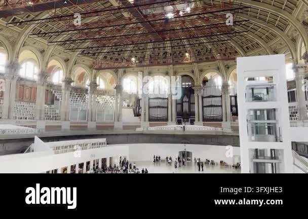 An Overhead Direction Sign Barcelona, Spain, August 13, 2026 - Overhead view of the oval hall in ...