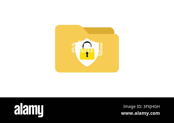 Unlocked folder animated yellow file icon with white shield and open ...