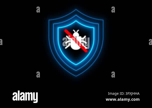 Computer virus animated bug blocked by glowing blue cyber security ...