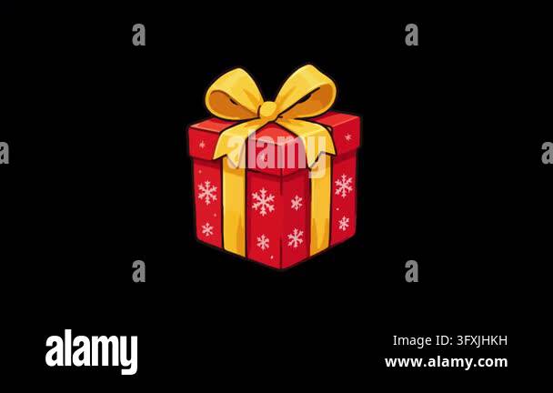 Christmas animated red present box with yellow ribbon and snowflake ...