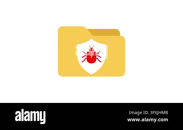 Infected folder animated yellow file icon with red bug virus inside ...