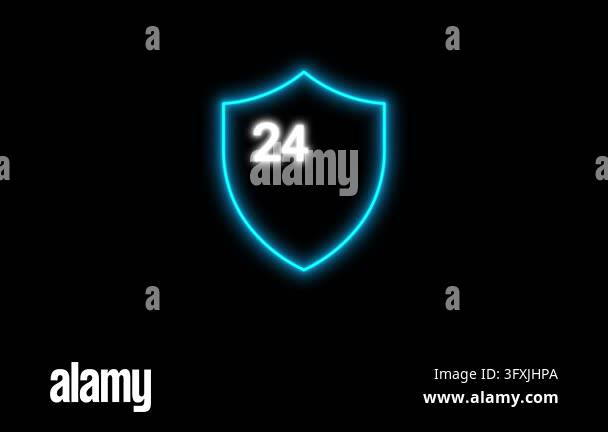 24/7 security animated neon shield icon with white glowing text, red ...