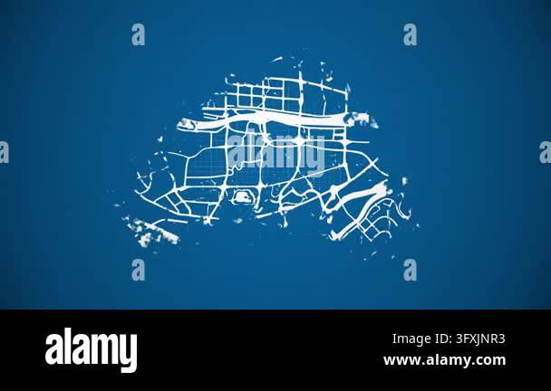 Ink reveal animation of Chengdu (Chengtu) city, Sichuan, China, grid ...