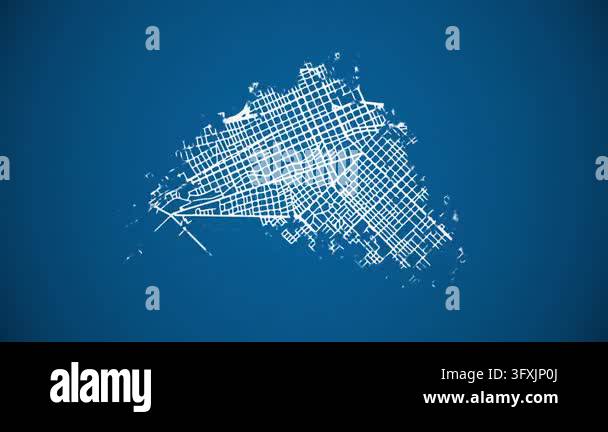 Loop Type Feeder Ink reveal animation of Trelew city, Chubut, Argentina grid map. Aerial ...