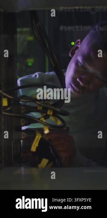 Animation of ai text, icons and male african american it engineer and ...