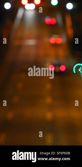 Animation of network of connections over blurred night road traffic ...