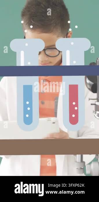 Digital animation of Test tube icon against boy in lab coat using ...