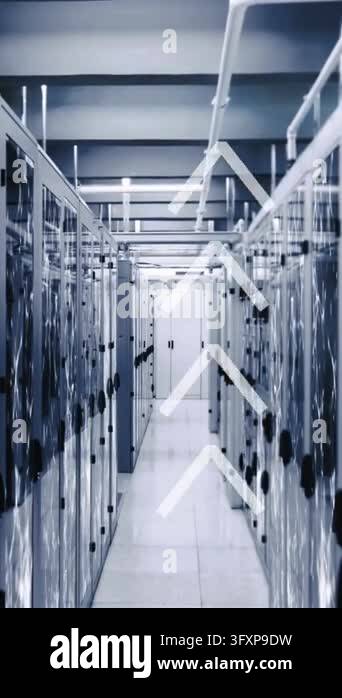 Animation of arrows over connected dots on data server racks in server ...