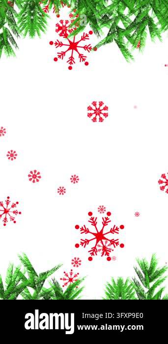 Green tree branches over multiple red snowflakes icons falling against ...