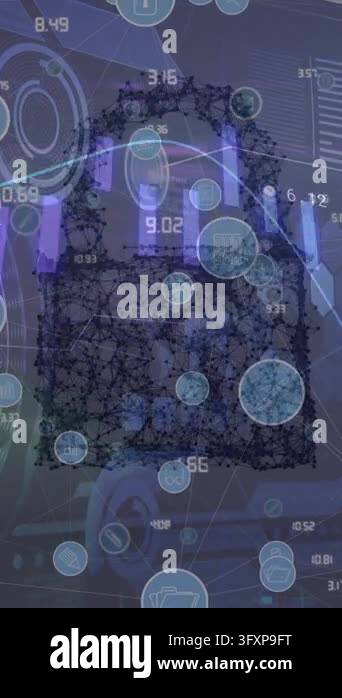 Animation of data processing over network of connections with icons on ...