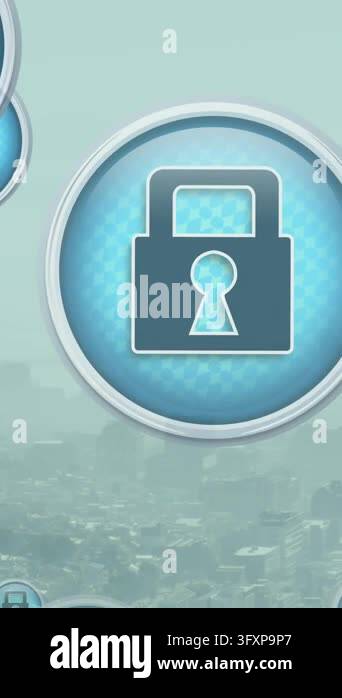 Animation of padlock icons over cityscape. Social media and digital ...