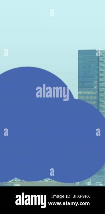 Animation of digital clouds with tech icons floating over cityscape ...