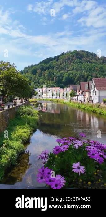 Vibrant Riverside Beautiful riverside landscape with European-style houses, green hills ...