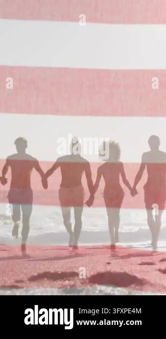 American flag waving against group of friends holding hands running ...