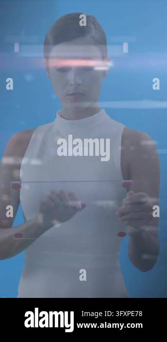 Digitization With Blue Background Animation of businesswoman using interactive screen with computer ...