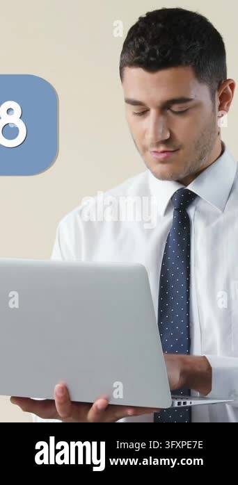 Digital composite of a Caucasian male office worker typing on his ...