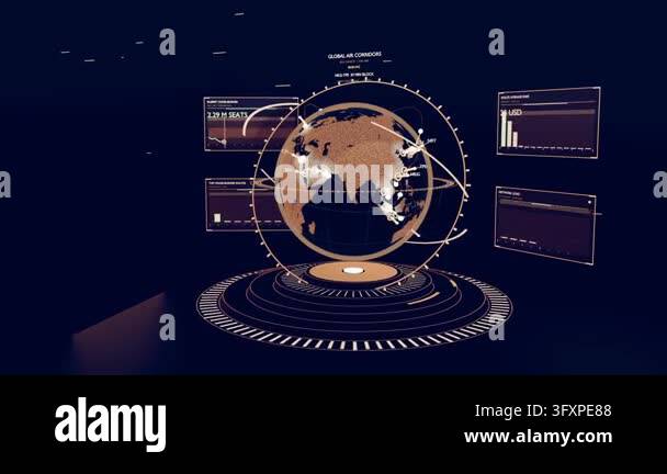 Forming central 3D globe rotating on navy stage, animating corridors ...