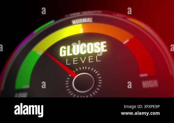 Glucose level gauge with low, normal and high zones, moving needle and ...