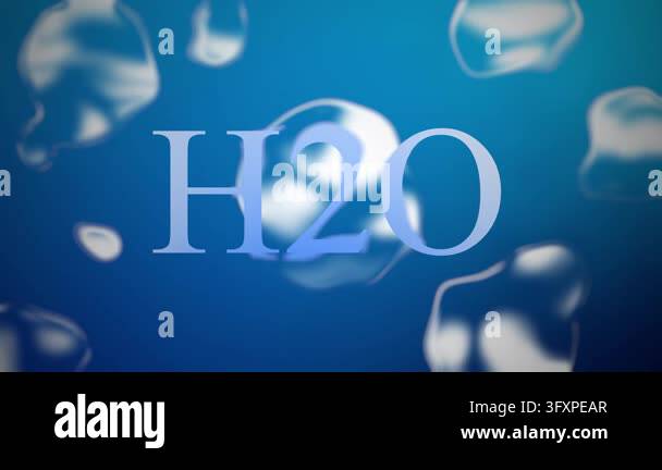 Water Science Model H2O text with floating transparent water bubbles and molecular forms on ...