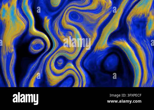 Abstract liquid gradient with swirling blue, yellow and black marble ...