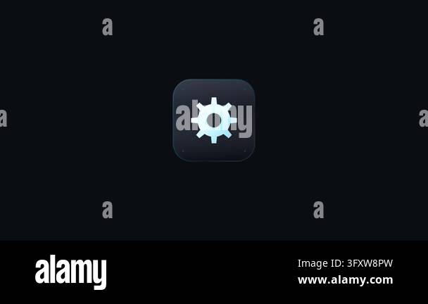 Glowing white gear icon rotating inside a dark user interface app ...