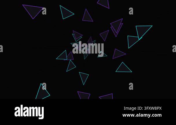 Abstract neon blue and purple triangles flying toward camera on black ...