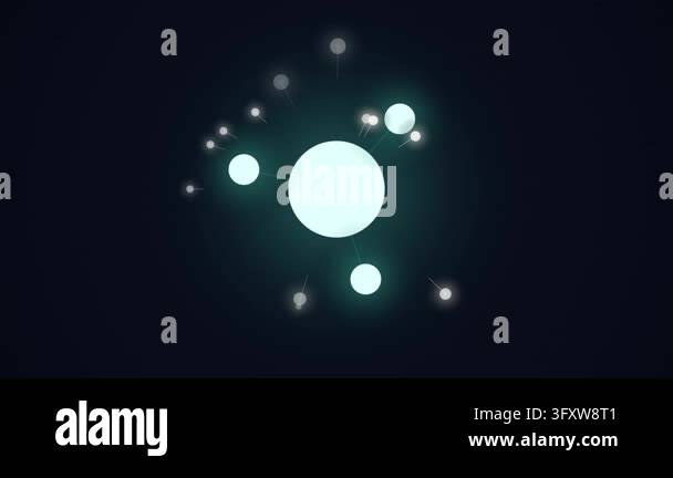 Abstract animation: glowing blue circles form dynamic network on dark ...