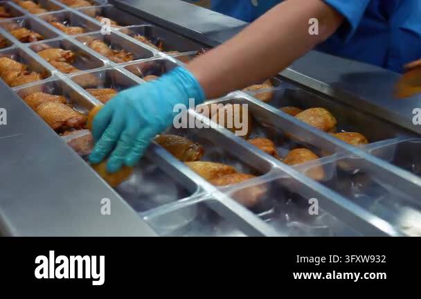 Chicken Factor Food Food factory packing line close up, worker gloved hands placing roasted ...