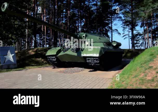 Gun Memorial Vintage soviet heavy tanks displayed outdoor war memorial park, pine ...