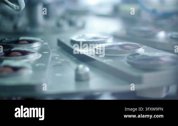 Closeup sealed dairy containers moving conveyor belt food factory ...