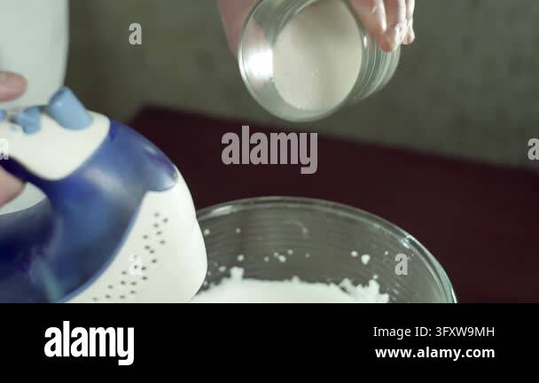 Baking meringue dessert home kitchen, cook sprinkling sugar whipped egg ...