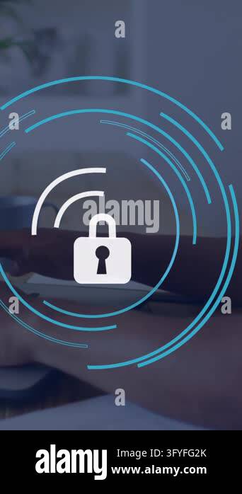 Animation of padlock icon over caucasian businessman using laptop in ...