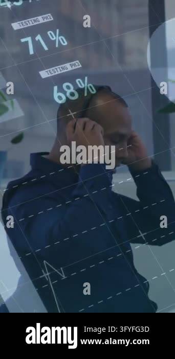 Animation of data processing on interface over happy diverse colleagues ...