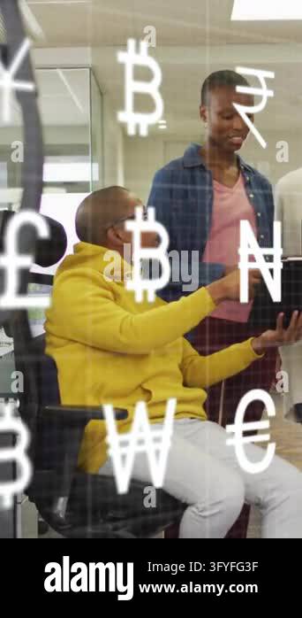 Animation of currency icons over diverse colleagues discussing work ...