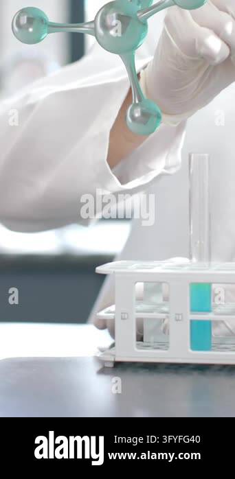 Scientist handling test tubes with molecular structures over curious ...