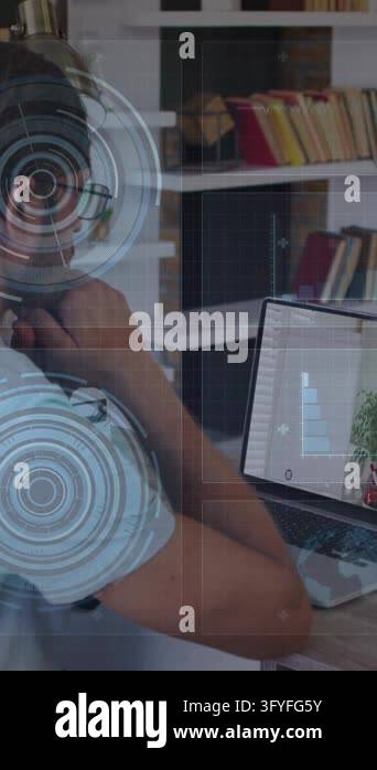 Animation of data processing over caucasian male teacher having a video ...