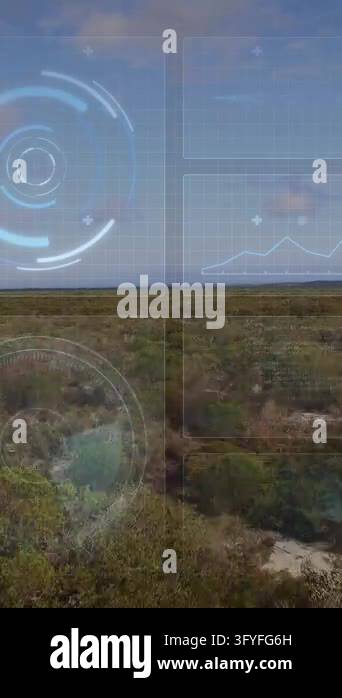 Animating digital interface with data charts and graphs over aerial ...
