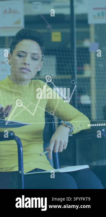 Animation of data processing over disabled woman discussing with ...
