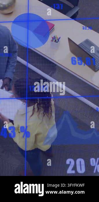 Animation of financial data processing over diverse colleagues working ...