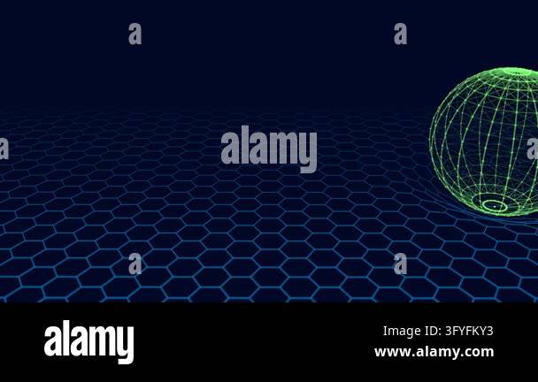 Abstract technology polygonal sphere motion on hexagonal grid in dark ...