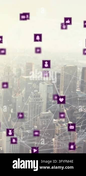 Animation of network of connections with icons over cityscape. Global ...