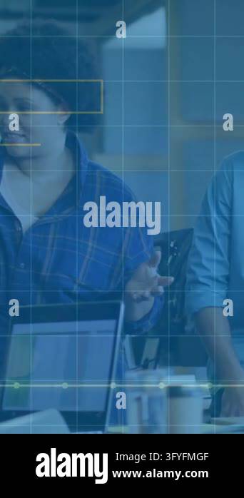 Animation of data processing and diagrams over diverse colleagues ...
