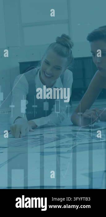 Animation of financial data processing over office colleagues ...