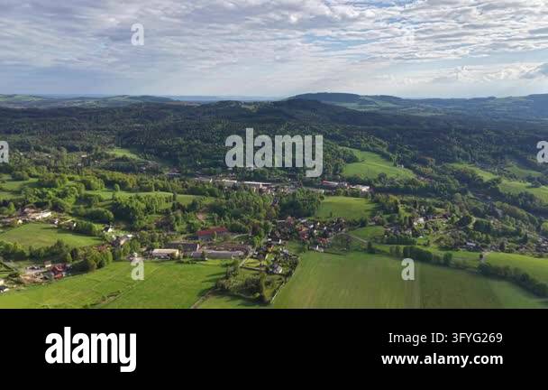 Wide aerial view of rural European landscape showing mosaic of fields ...