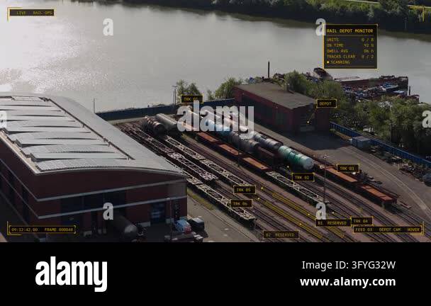 Aerial hover view of Hamburg, Germany: tank wagons on sidings by a ...