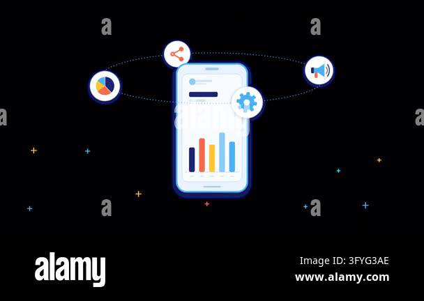 Flat vector style smartphone screens showing colorful bar graphs ...