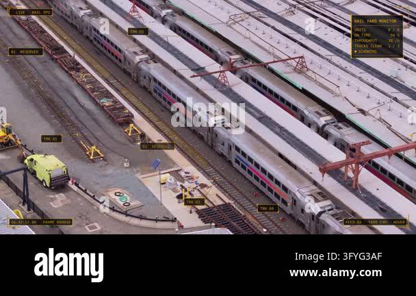 Aerial hover view of Hoboken, USA: double deck commuter trains parked ...